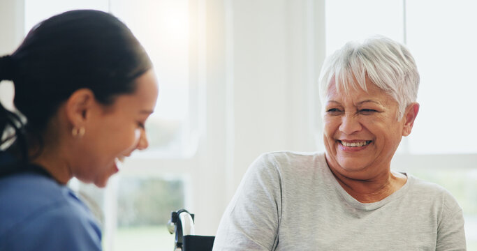 Happy Woman, Nurse And Senior Patient Laughing In Elderly Care For Funny Joke, Humor Or Consultation At Old Age Home. Doctor Or Medical Caregiver Smile And Laugh With Mature Person With A Disability