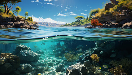 Fototapeta na wymiar Underwater fish swim in the blue tropical reef landscape generated by AI