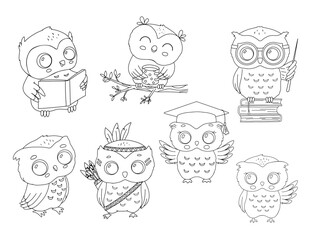 Cute little owl sitting on tree branch, with glasses on stack of books, with student graduation hat.