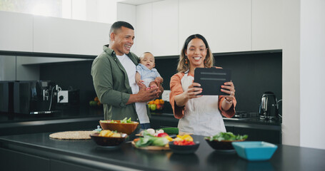 Family, tablet and selfie in kitchen, smile and internet on technology, cooking and memory. Happy parents and baby, profile picture and mobile app or cooking, digital and online or bonding in home