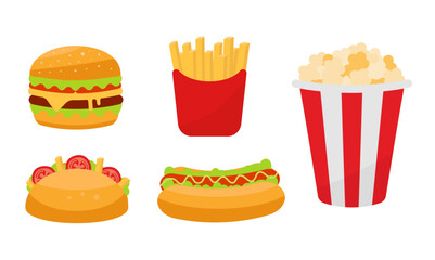 Vector fast food products in flat style isolated on white background. Set of hamburger, french fries, taco, hotdog, popcorn.