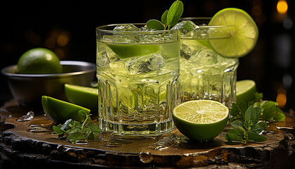 Fototapeta premium Refreshing lime cocktail with ice, citrus slice, and mint leaf generated by AI
