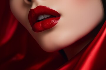 Close-up of glossy red lips with a silky red fabric background, exuding luxury and style