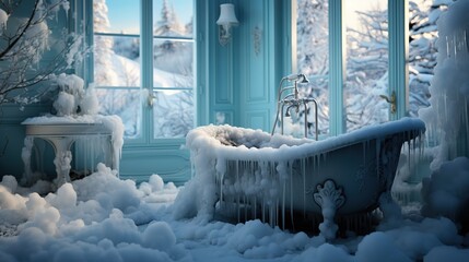 Cold Bathtub with ice, frozen water, bathroom is frozen. Problems with heating in winter, rising costs of water and electricity, expensive bills for hot water in winter - obrazy, fototapety, plakaty