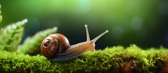 Macro photo of a brown snail on green moss carpet - obrazy, fototapety, plakaty