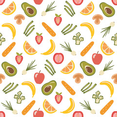 Seamless pattern with fruit and vegetables in hand drawn style. Flat illustrations isolated on white. Doodles apple, broccoli, avocado.