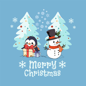 Merry Christmas - Snowman And Penguin Vector Art, Illustration and Graphic