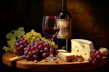 Burgundy wine, glass, grapes, cheese platter, café, bottle. Generative AI