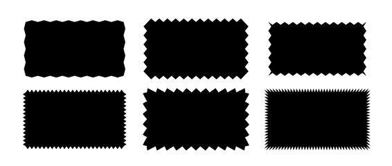 Zig zag edge rectangle shape collection. Jagged rectangular elements set. Black graphic design elements for decoration, banner, poster, template, sticker, badge, label, tag. Vector bundle - obrazy, fototapety, plakaty