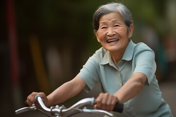 Obraz premium Senior woman riding a bicycle and living a healthy lifestyle for longevity