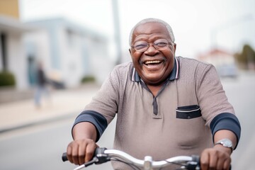 Senior man riding a bicycle and living a healthy lifestyle for longevity - obrazy, fototapety, plakaty