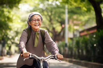 Senior woman riding a bicycle and living a healthy lifestyle for longevity