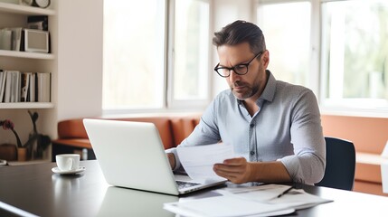 Fototapeta premium Focused male adviser holding financial reports and working online over laptop at desk in home office. Effective telecommuting concept. generative AI