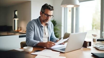 Focused male adviser holding financial reports and working online over laptop at desk in home office. Effective telecommuting concept. generative AI - obrazy, fototapety, plakaty