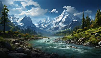 Majestic mountain peak reflects in tranquil flowing water, nature beauty generated by AI