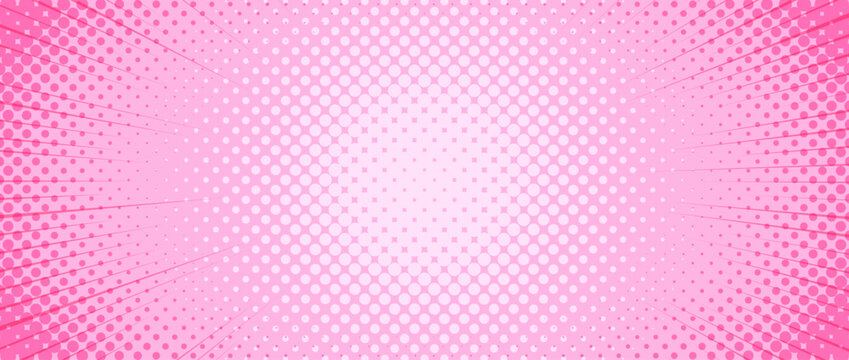 Pink radial dotted comic background. Speed lines wallpaper with pop art halftone texture. Anime cartoon rays explosion backdrop for poster, banner, print, brochure, cover, leaflet. Vector illustration
