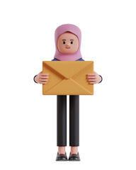 3d Illustration of Cartoon Businesswoman with hijab holding yellow envelope