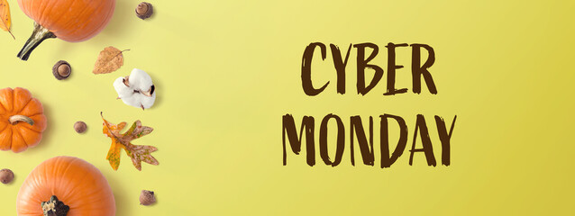 Cyber Monday banner with autumn pumpkins with leaves