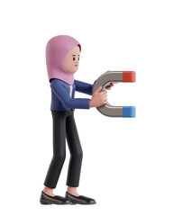 3d Illustration of Cartoon Businesswoman with hijab holding a magnet attracting profits