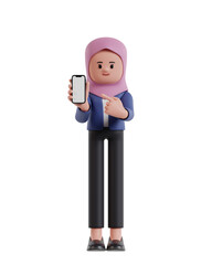 3d Illustration of Cartoon Businesswoman with hijab showing cellphone screen