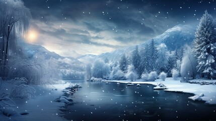 a serene winter landscape with snowflakes gently falling around a frozen pond, capturing the...