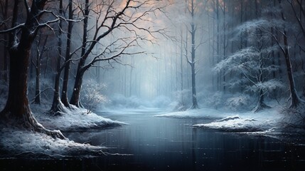 a serene winter landscape with snowflakes gently falling around a frozen pond, capturing the tranquil beauty of a snowy afternoon