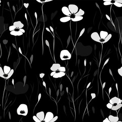 Black and white simple poppy flowers and buds, gloomy dark seamless pattern, vector