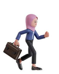 3d Illustration of Cartoon Businesswoman wearing a hijab running with briefcase