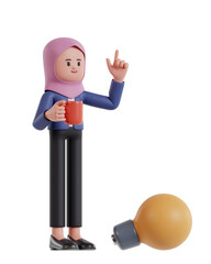 3d Illustration of Cartoon Businesswoman wearing hijab holding coffee cup and getting inspiration