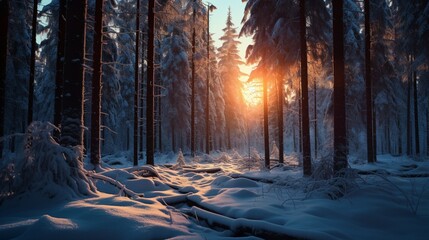 A snow-covered Scandinavian forest at twilight, with the last rays of sunlight filtering through the trees in a tranquil dance