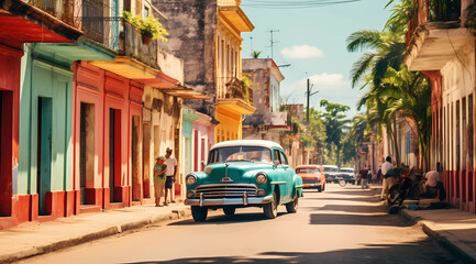 Cars parked in an old fashioned street in cuba - Powered by Adobe