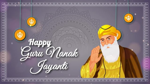 Motion graphic shot of Happy Guru Nanak Jayanti - Sikh festival  celebration  company greeting templates. Animated shot of Guru Nanak Dev ji on a background of mandala design - Banner  poster  Guru...
