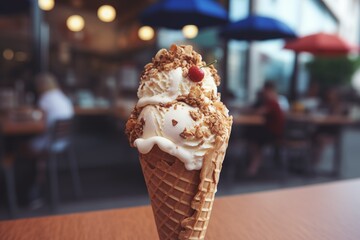  Ice cream in a waffle cone on a summer day