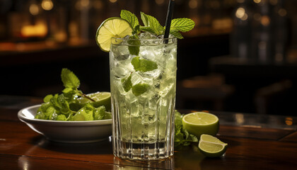 Refreshing mojito cocktail with lime, mint leaf, and ice generated by AI