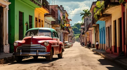 Schilderijen op glas Cars parked in an old fashioned street in cuba © Asep