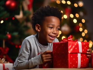Fototapeta na wymiar A child was happy to receive presents at Christmas