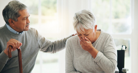 Senior, woman and cough or illness support or husband hug in home for concern, empathy or winter...