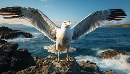 Seagull flying freely, wings spread, in nature tranquil beauty generated by AI
