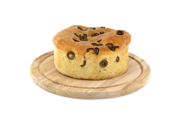 Focaccia bread with olives on white background