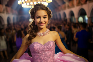 Pretty girl posing on her fifteenth birthday. Quinceañera (Quinceanera) celebration.