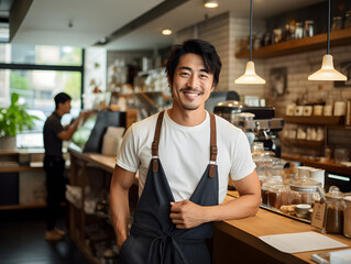 Asian Young man Barista in coffee shop loft interior - obrazy, fototapety, plakaty