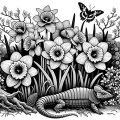 coloring-in book page for colorists - animals in the garden - obrazy, fototapety, plakaty