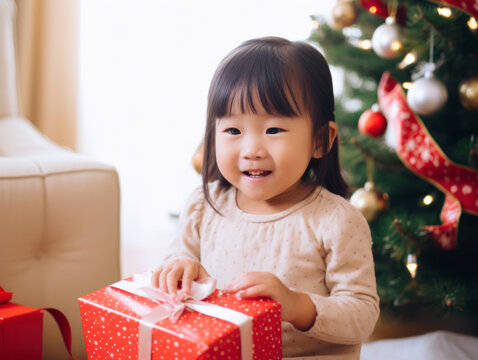 A child was happy to receive presents at Christmas