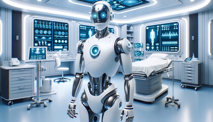 Advanced humanoid robot in a high-tech medical facility with digital screens and modern equipment. Future of healthcare. AI Generative