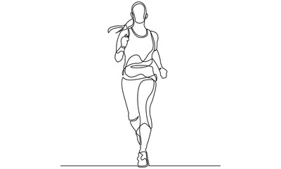 single continuous line drawing of a young woman athlete running fast.Sport running woman concept of sports, fitness, athletics, running, jogging, gym, fast run, speed, human. Vector illustration .