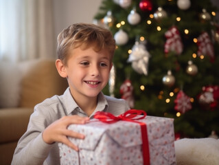 A child was happy to receive presents at Christmas