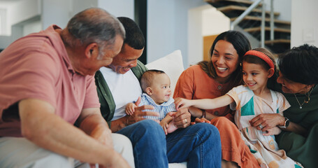 Love, smile and happy big family on sofa in the living room at modern home together. Bonding, care...