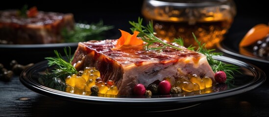 Holodets a traditional Russian and Ukrainian dish consisting of aspic poultry and beef with mustard...