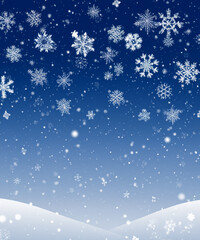 Natural Winter Christmas background with sky, heavy snowfall, snowflakes in different shapes and forms, snowdrifts. Winter landscape with falling christmas shining beautiful snow.