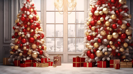 Two beautiful Christmas trees on the background of a window and gifts under the tree. Luxurious interior. Christmas presents. Banner. Generated AI. Photoshop improved